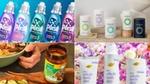 Một ảnh ghép gồm bốn khung, giới thiệu các sản phẩm khác nhau của Unilever: năm chai nước giặt Persil Wonder Wash với màu sắc nổi bật; các lọ thực phẩm bổ sung Nutrafol thiết kế tối giản trên nền màu be; một bàn tay đang múc thức ăn bên cạnh một hũ gia vị Knorr; và các sản phẩm khử mùi toàn thân Dove Whole Body Deo được trưng bày giữa những bông hoa hồng và trắng.
